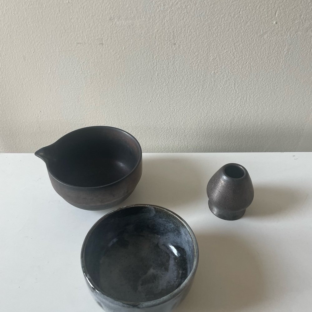 SOLD Two chawan matcha bowls and whisk stand